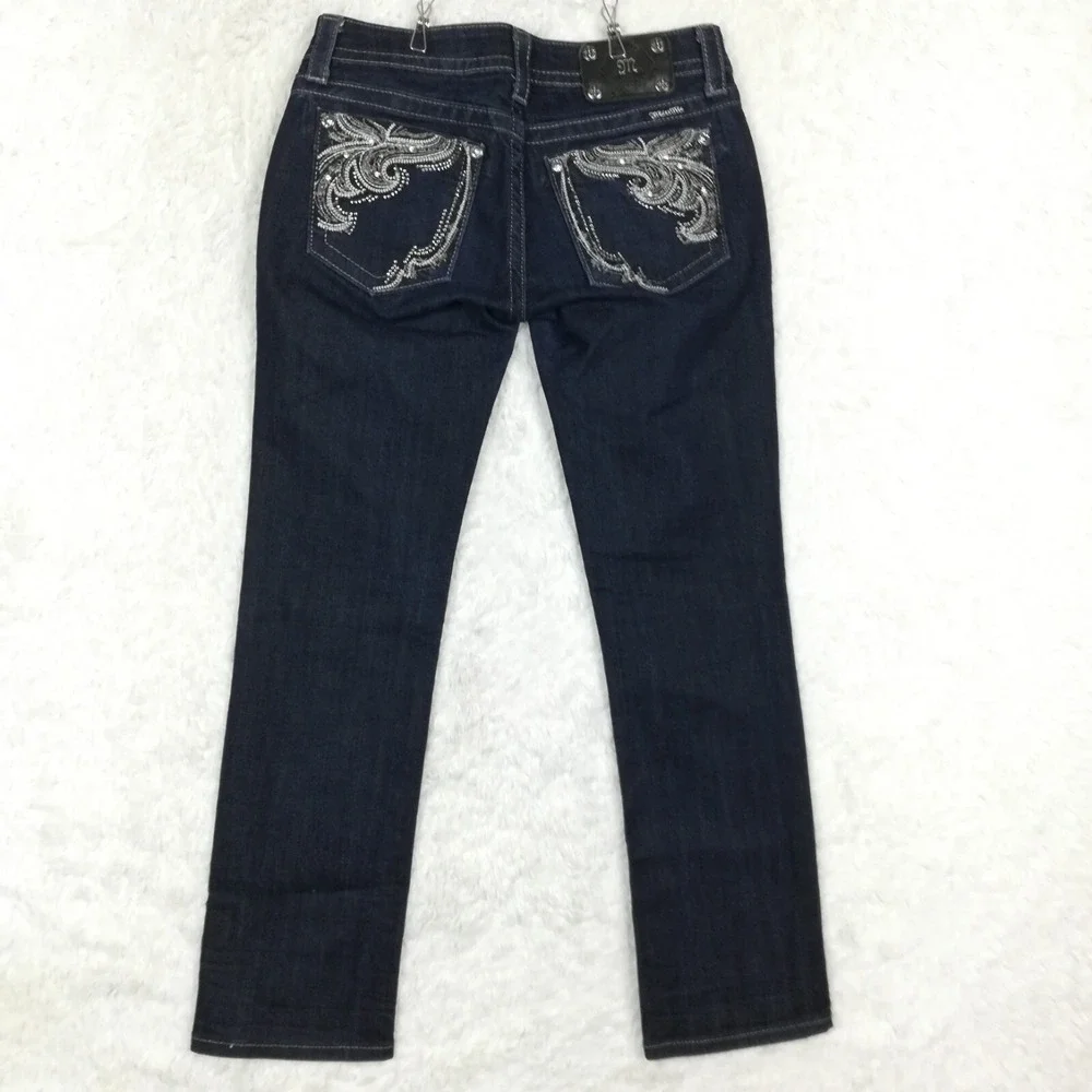 Miss Me Womens Jeans Straight Leg Blue Denim Dark Wash‎ Jeweled Rhinestone 28